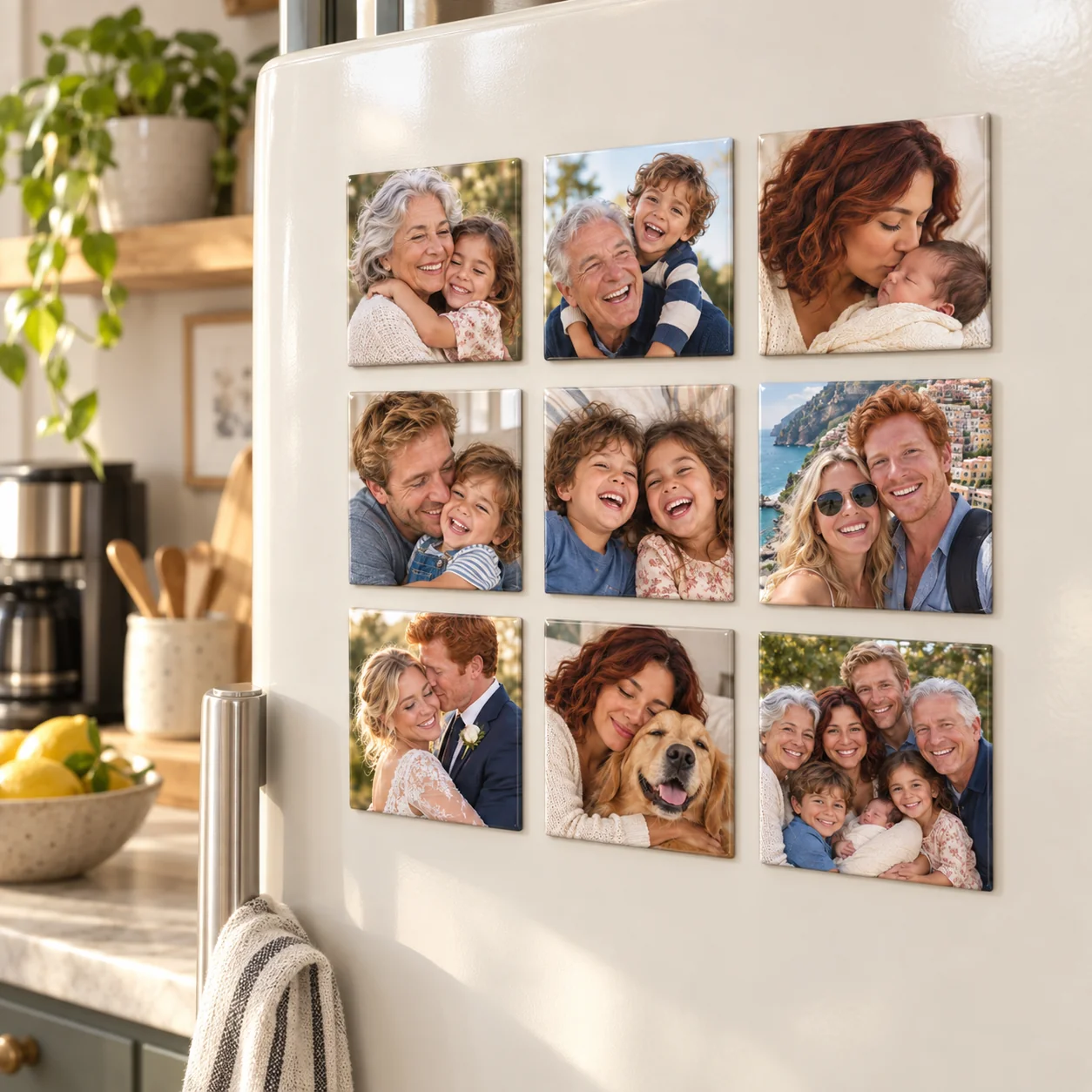Nevera blanca con nueve fotoimanes personalizados en cuadricula 3x3 en una cocina calida con luz de manana
